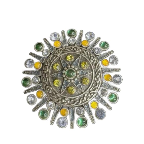 Antique Brooch 1920s Rhinestone Art Deco Ornate Multi Color Pot Metal Large - Picture 9 of 9